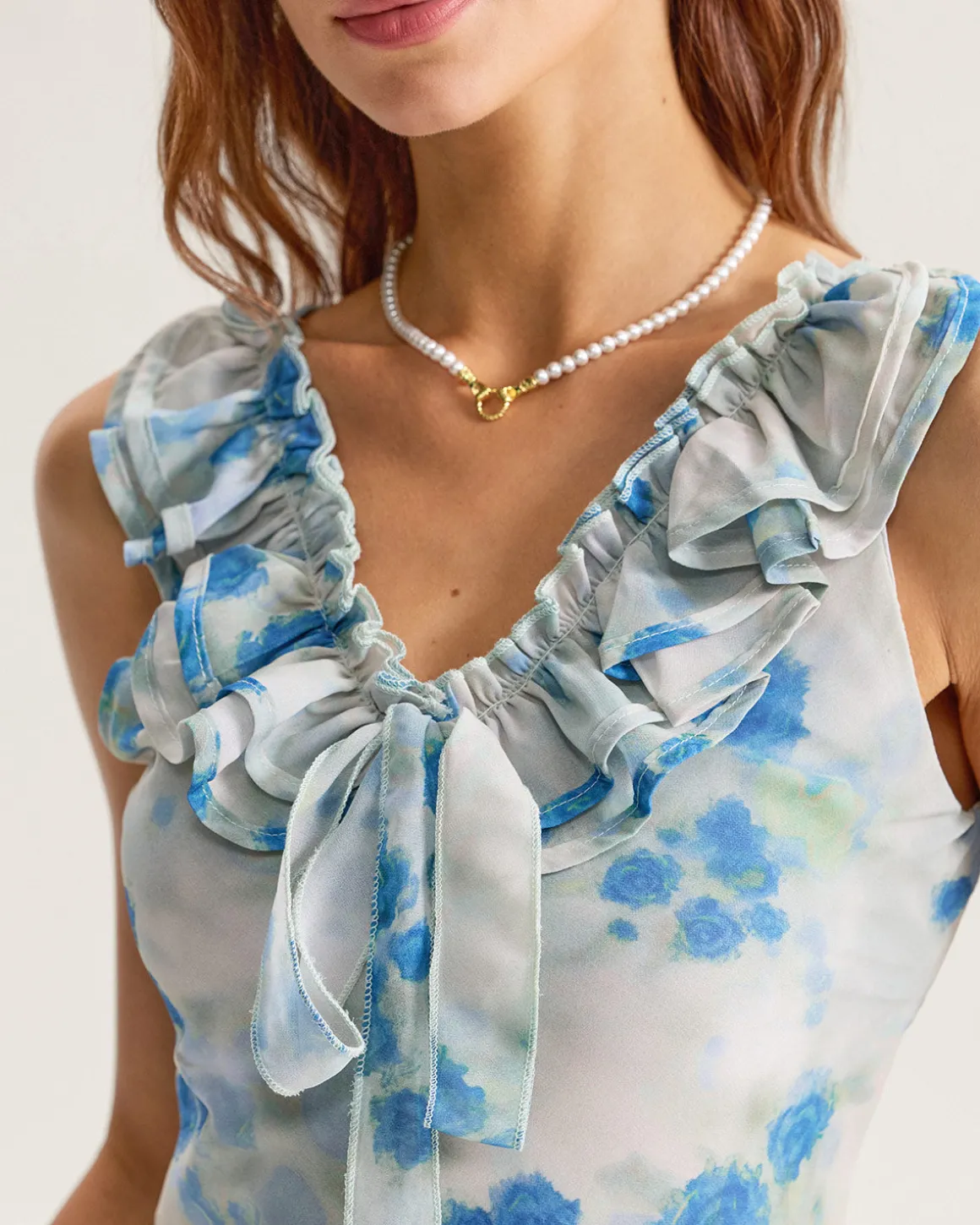 Blue Floral Ruffle V Neck Sleeveless Midi Dress