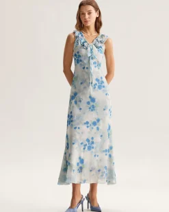 Blue Floral Ruffle V Neck Sleeveless Midi Dress