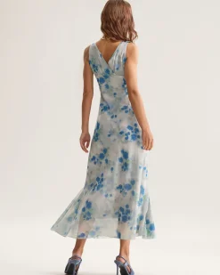 Blue Floral Ruffle V Neck Sleeveless Midi Dress