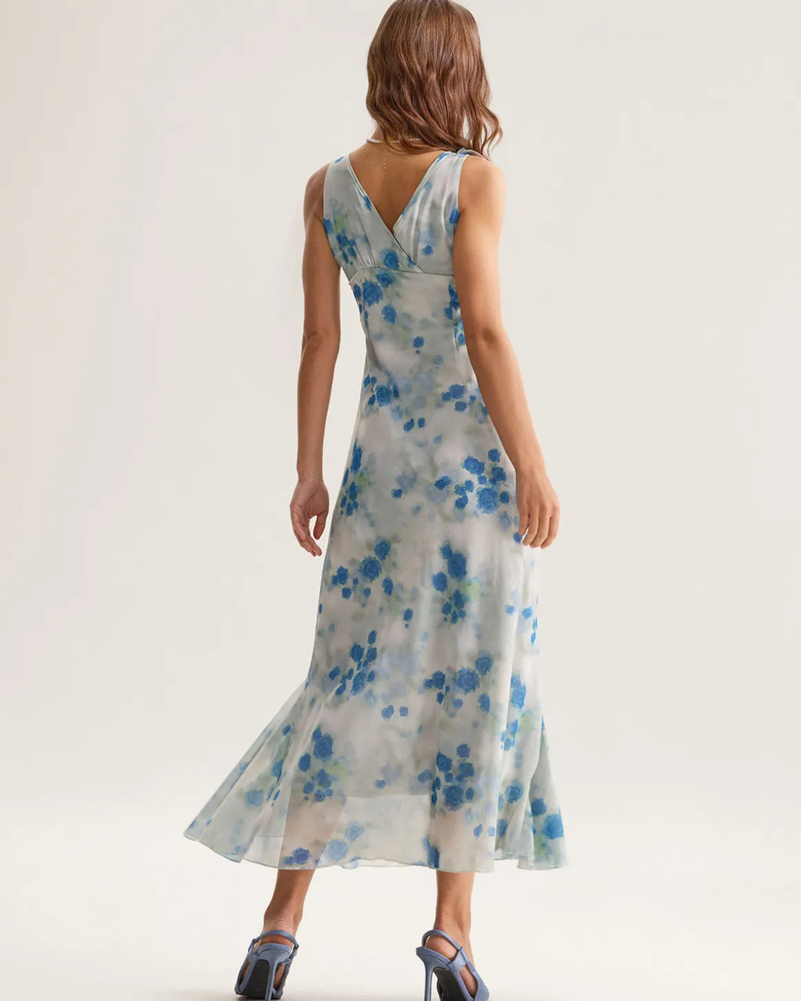 Blue Floral Ruffle V Neck Sleeveless Midi Dress
