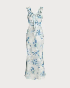Blue Floral Ruffle V Neck Sleeveless Midi Dress
