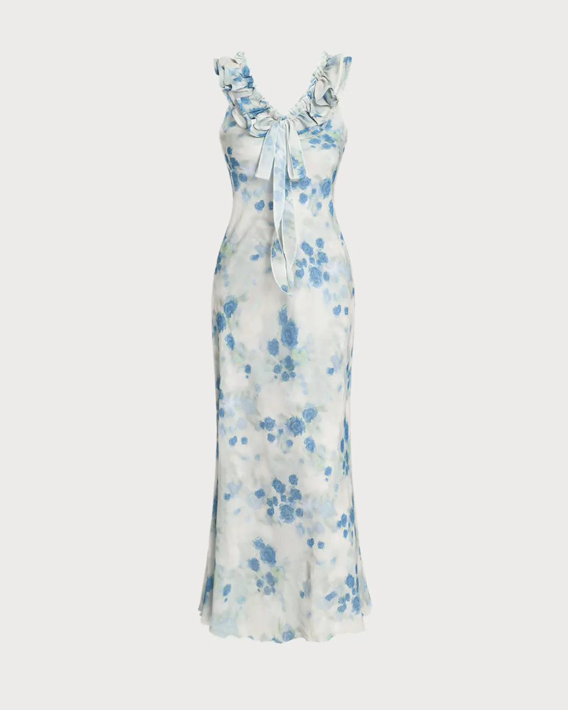 Blue Floral Ruffle V Neck Sleeveless Midi Dress