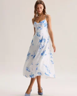 Blue Floral Shirred A-Line Slip Maxi Dress