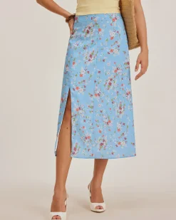 Blue Floral Slit A-Line Midi Skirt