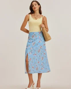 Blue Floral Slit A-Line Midi Skirt