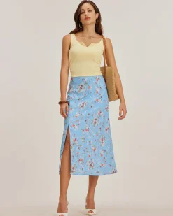 Blue Floral Slit A-Line Midi Skirt