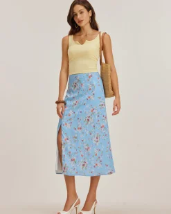 Blue Floral Slit A-Line Midi Skirt