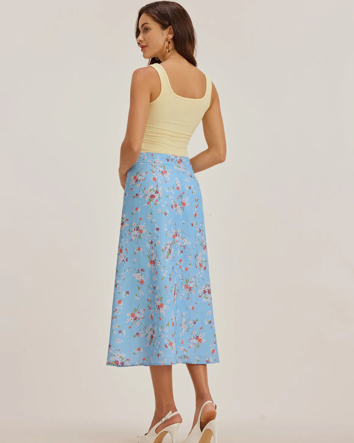 Blue Floral Slit A-Line Midi Skirt