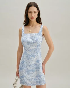 Blue Floral Square Neck A-Line Slip Mini Dress
