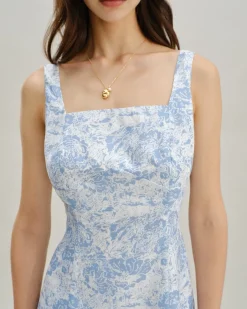 Blue Floral Square Neck A-Line Slip Mini Dress