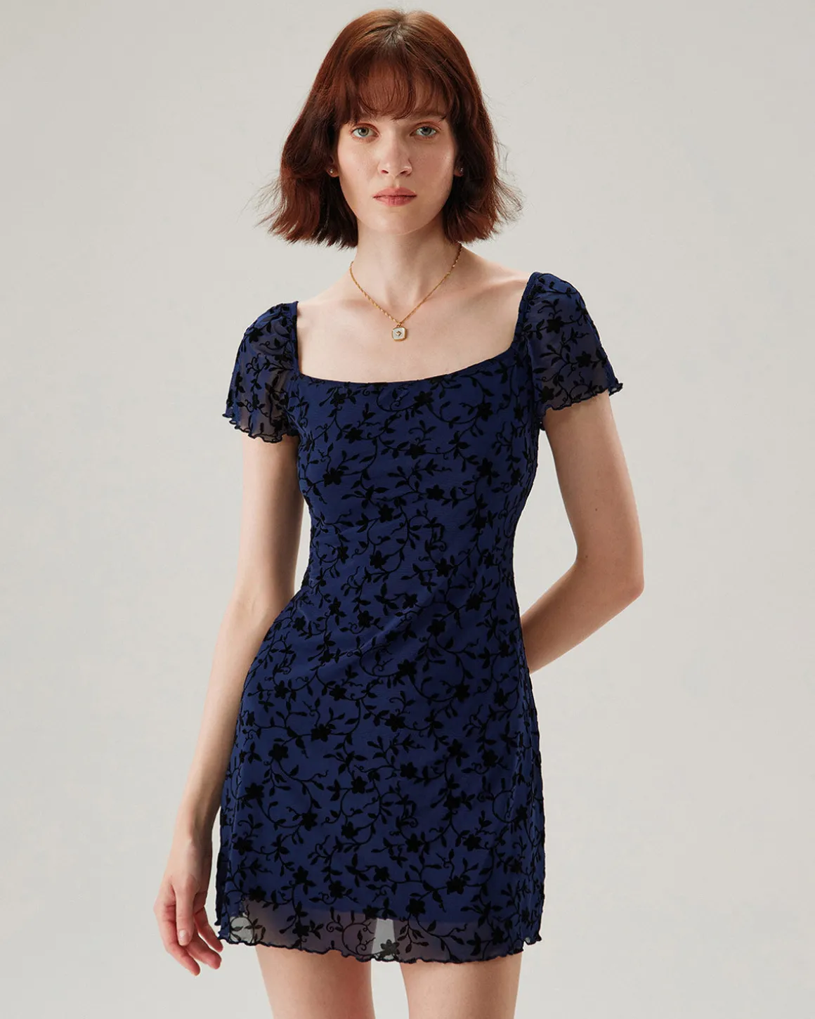 Blue Floral Square Neck Mesh Mini Dress