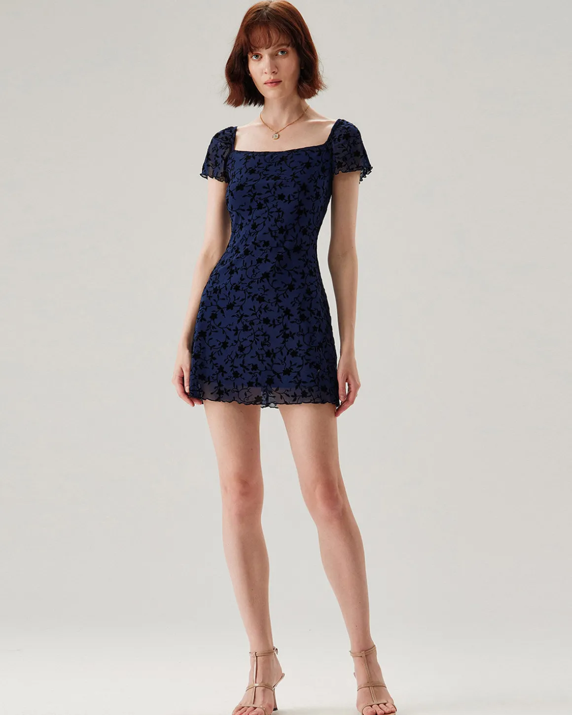 Blue Floral Square Neck Mesh Mini Dress