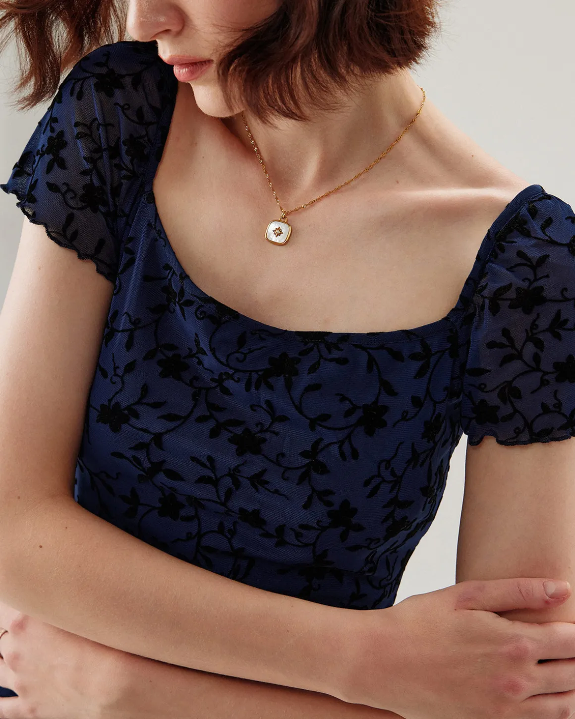 Blue Floral Square Neck Mesh Mini Dress