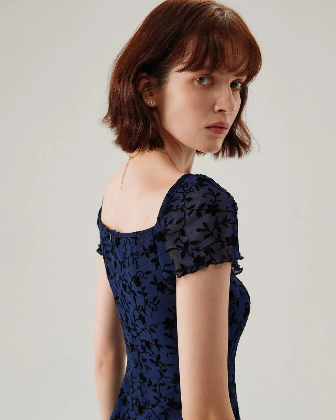 Blue Floral Square Neck Mesh Mini Dress