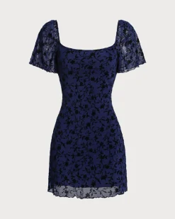 Blue Floral Square Neck Mesh Mini Dress