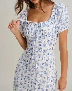 Blue Floral Square Neck Ruched Midi Dress