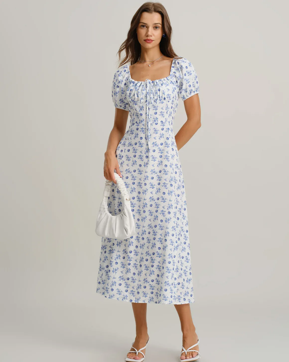 Blue Floral Square Neck Ruched Midi Dress