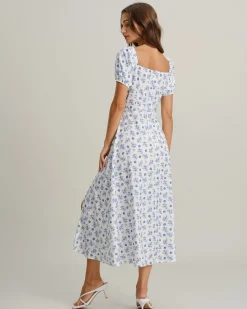 Blue Floral Square Neck Ruched Midi Dress