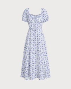 Blue Floral Square Neck Ruched Midi Dress