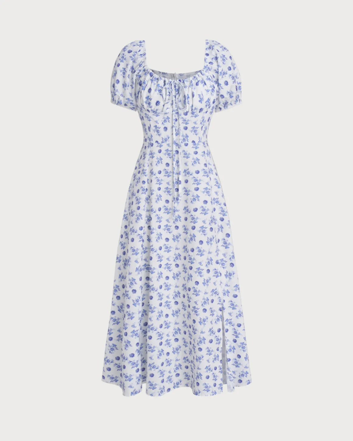 Blue Floral Square Neck Ruched Midi Dress