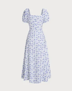 Blue Floral Square Neck Ruched Midi Dress