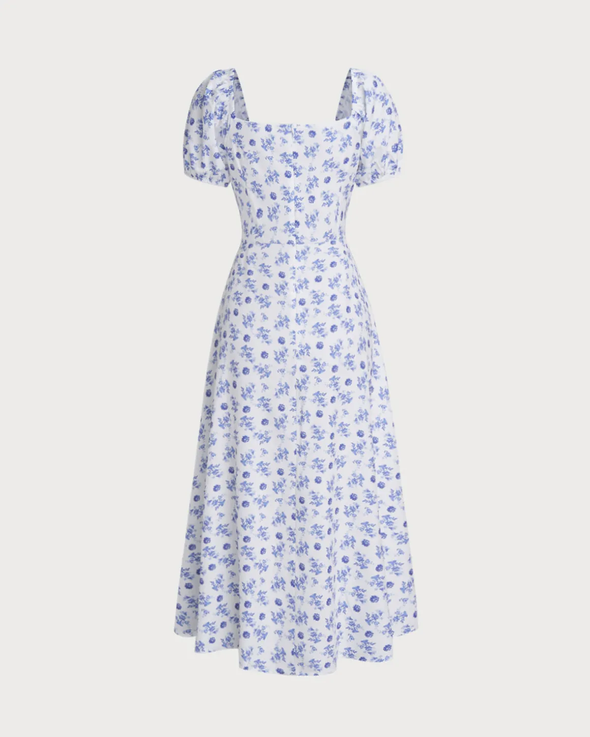 Blue Floral Square Neck Ruched Midi Dress