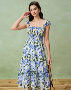 Blue Floral Square Neck Shirred Midi Dress