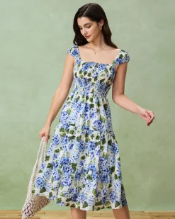 Blue Floral Square Neck Shirred Midi Dress