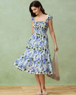 Blue Floral Square Neck Shirred Midi Dress