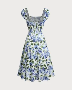 Blue Floral Square Neck Shirred Midi Dress