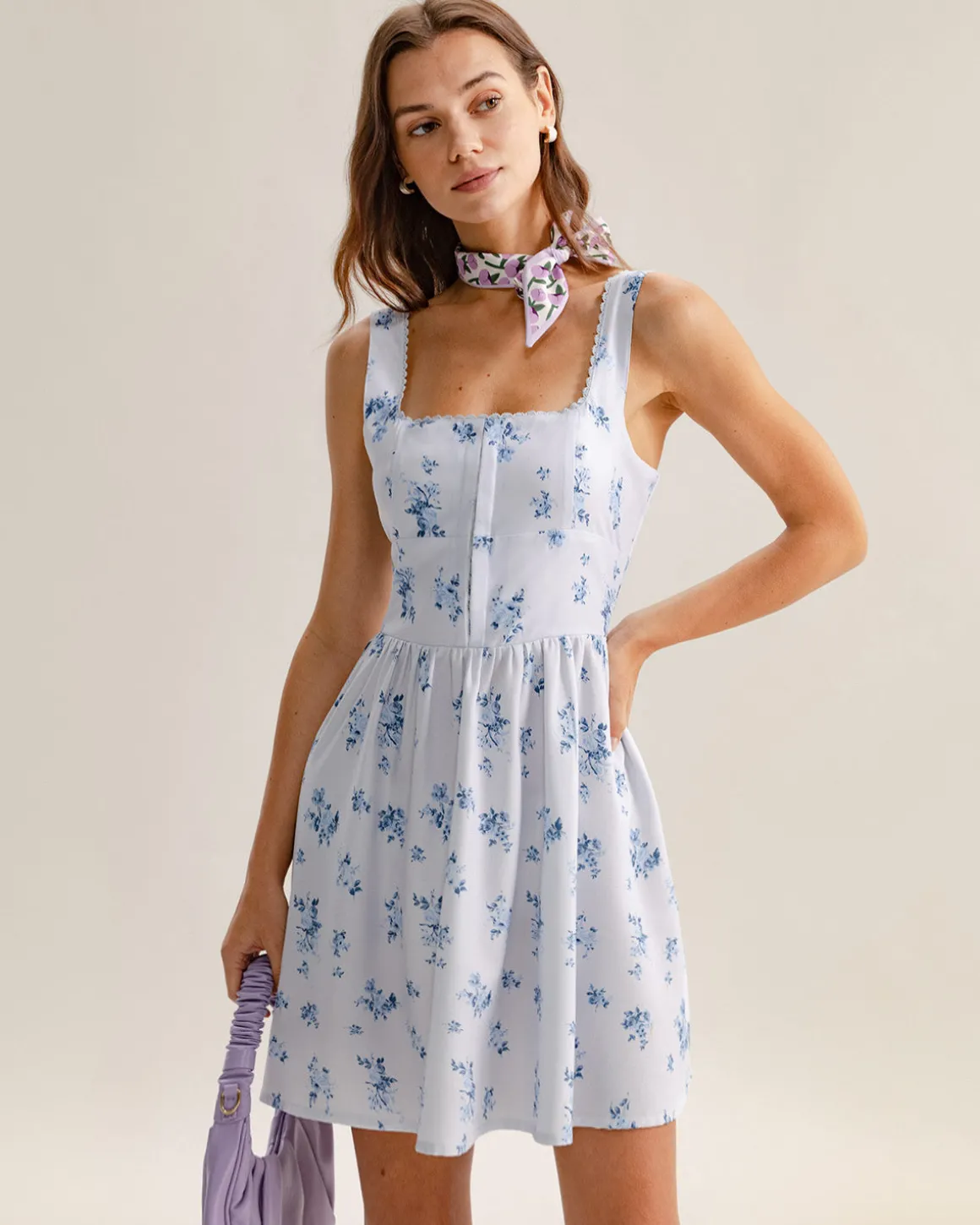 Blue Floral Square Neck Slip Mini Dress