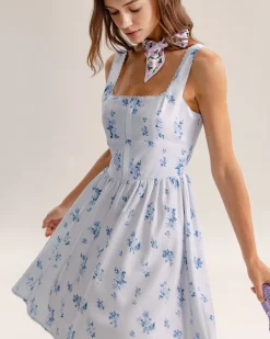 Blue Floral Square Neck Slip Mini Dress