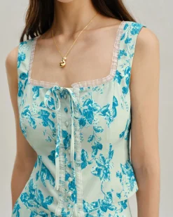 Blue Floral Square Tank Top