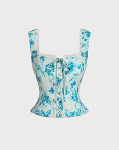 Blue Floral Square Tank Top