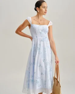Blue Floral Sweetheart Neck Slip Midi Dress