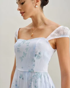Blue Floral Sweetheart Neck Slip Midi Dress