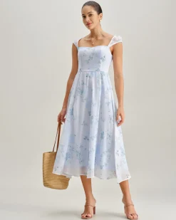 Blue Floral Sweetheart Neck Slip Midi Dress