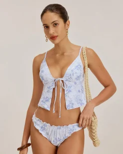 Blue Floral Tie Front Tankini Set