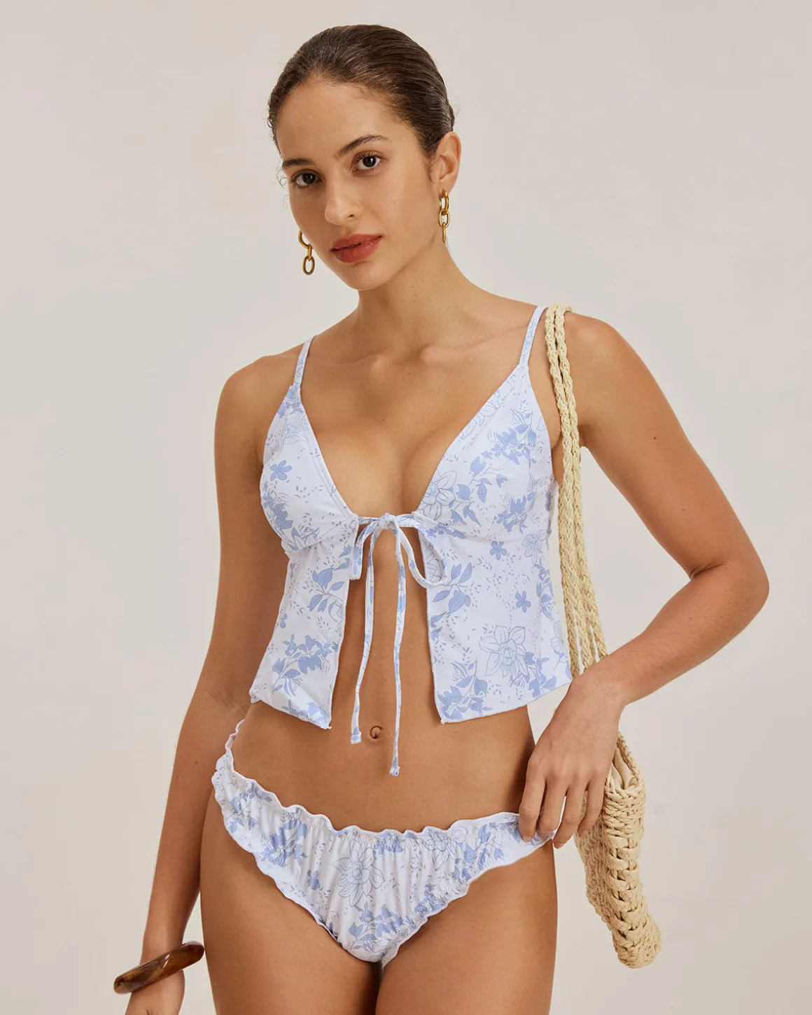 Blue Floral Tie Front Tankini Set