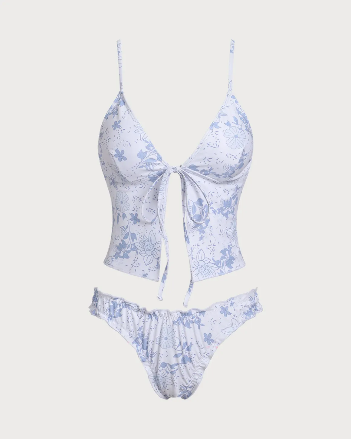 Blue Floral Tie Front Tankini Set