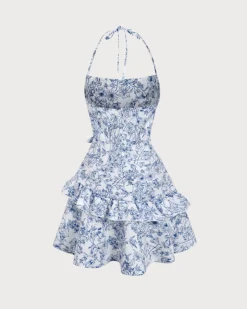 Blue Floral Tiered Halter Mini Dress