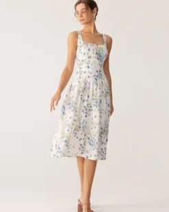 Blue Floral U Neck A-Line Midi Dress