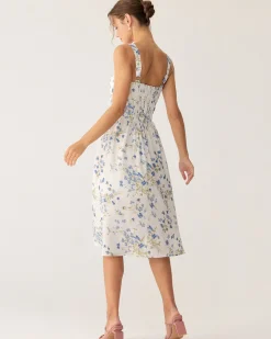 Blue Floral U Neck A-Line Midi Dress