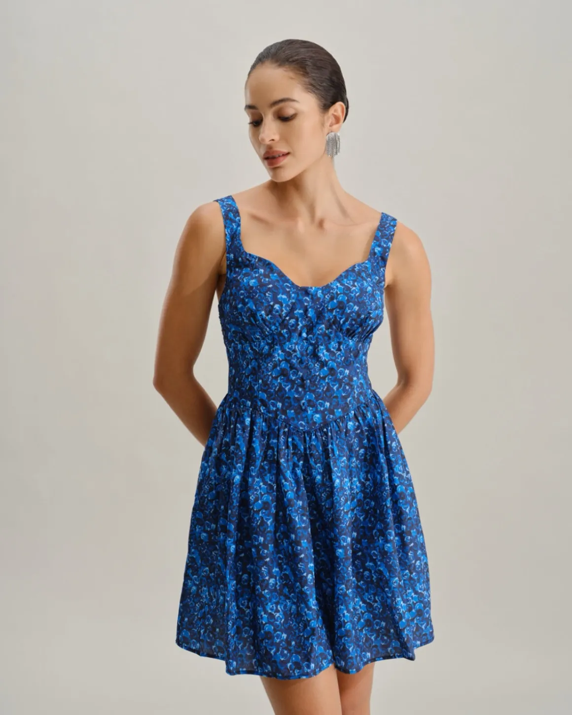 Blue Floral U-Neck Shirred Mini Dress