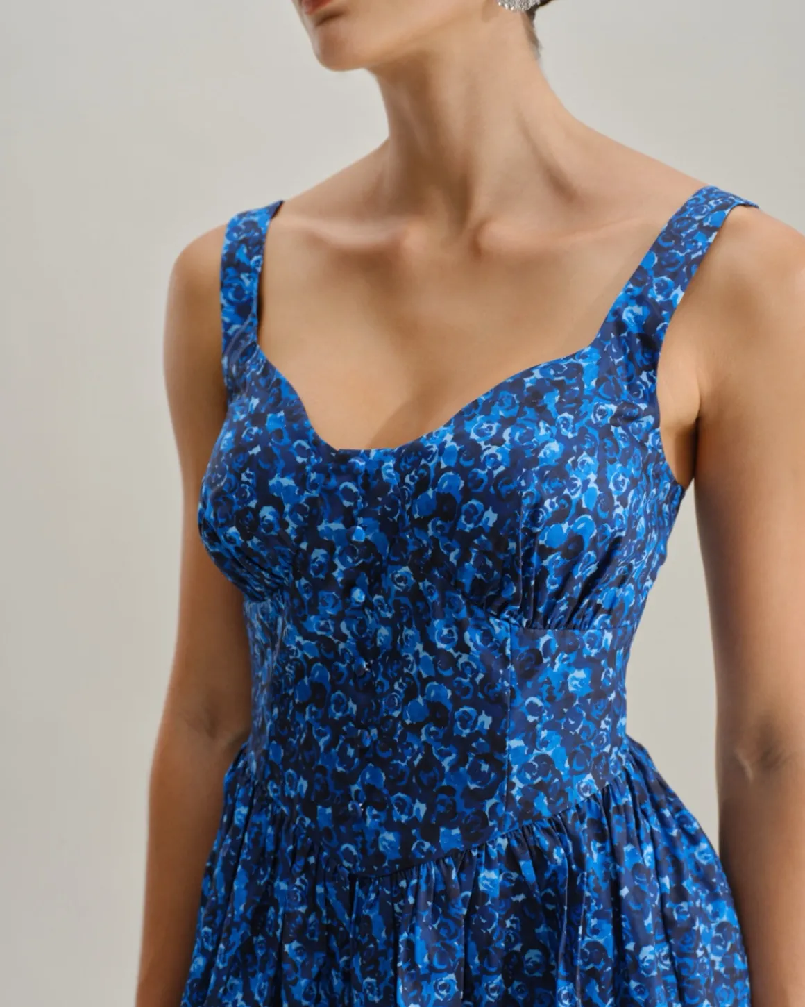 Blue Floral U-Neck Shirred Mini Dress