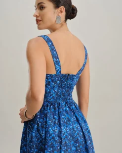 Blue Floral U-Neck Shirred Mini Dress