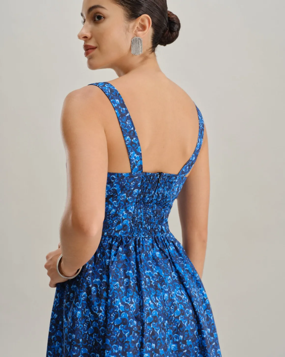 Blue Floral U-Neck Shirred Mini Dress