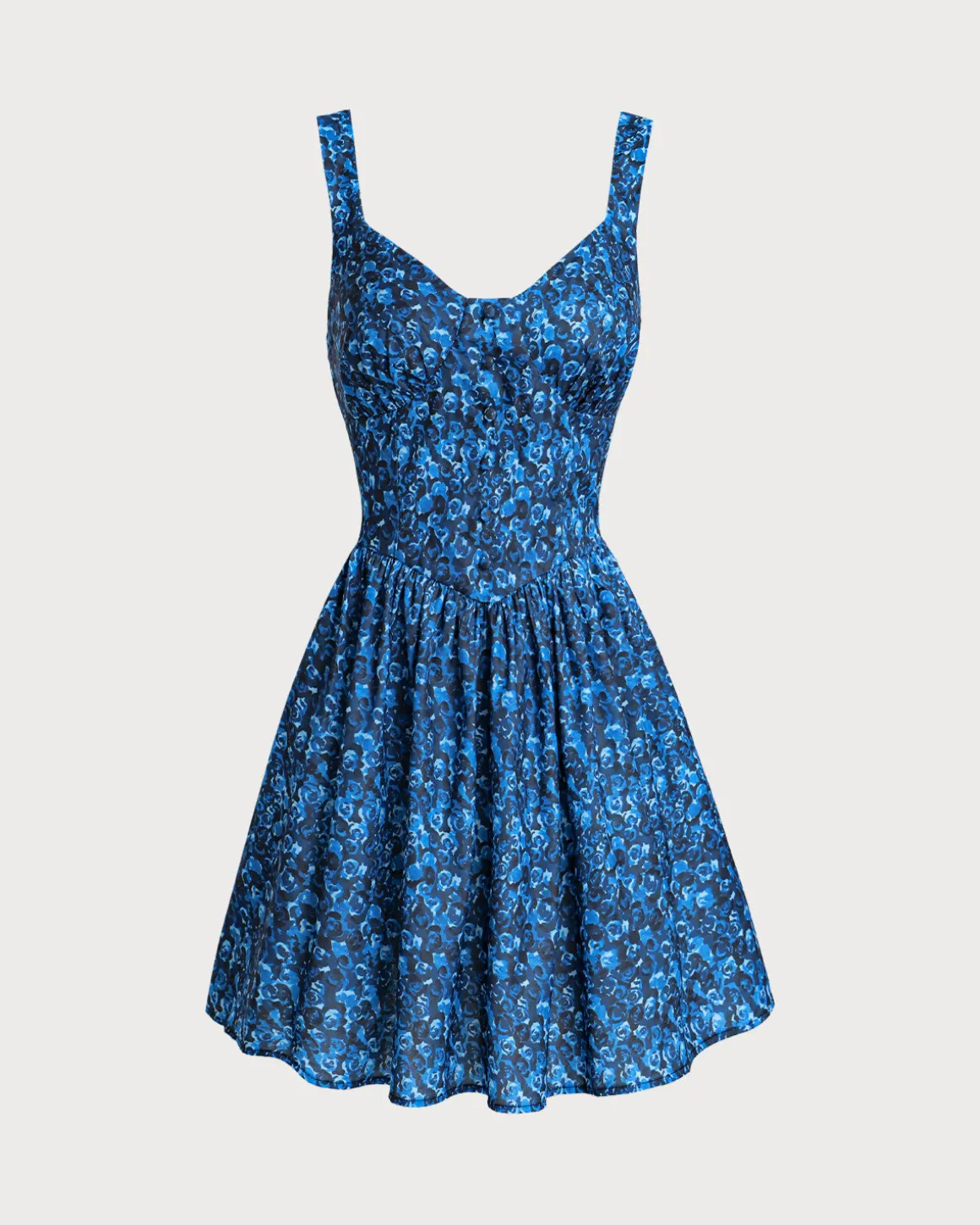 Blue Floral U-Neck Shirred Mini Dress