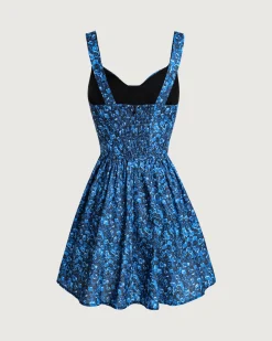 Blue Floral U-Neck Shirred Mini Dress