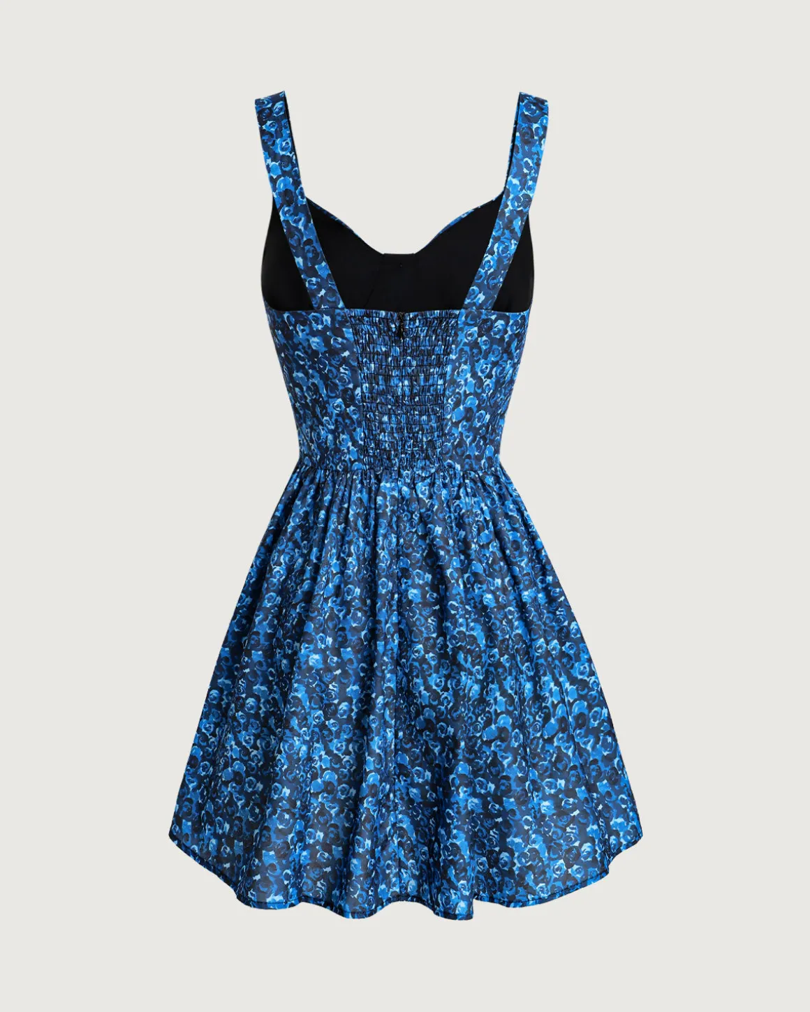 Blue Floral U-Neck Shirred Mini Dress